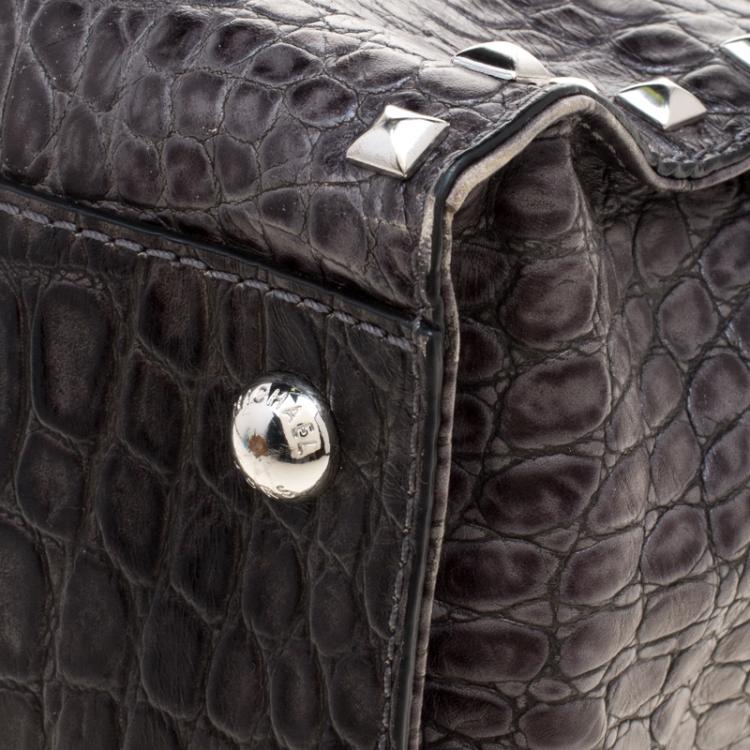 Pre Owned Michael Kors Grey Croc Embossed Leather Studded Hamilton Tote