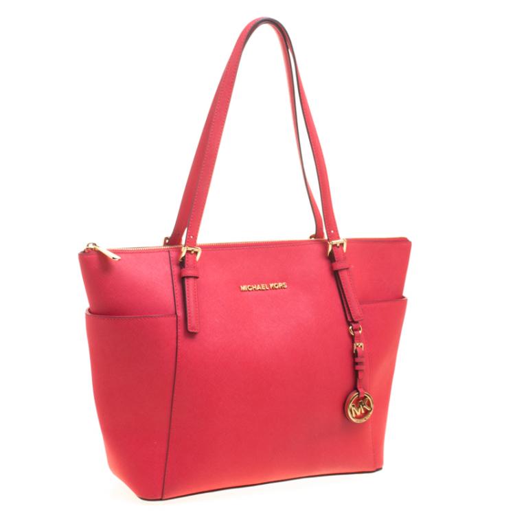 Pre Owned Michael Kors Red Saffiano Leather Large Top Zip Jet Set Tote