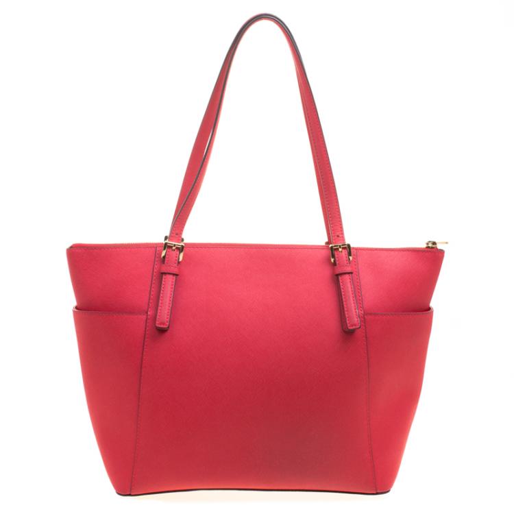 Pre Owned Michael Kors Red Saffiano Leather Large Top Zip Jet Set Tote