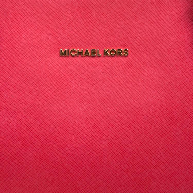 Pre Owned Michael Kors Red Saffiano Leather Large Top Zip Jet Set Tote