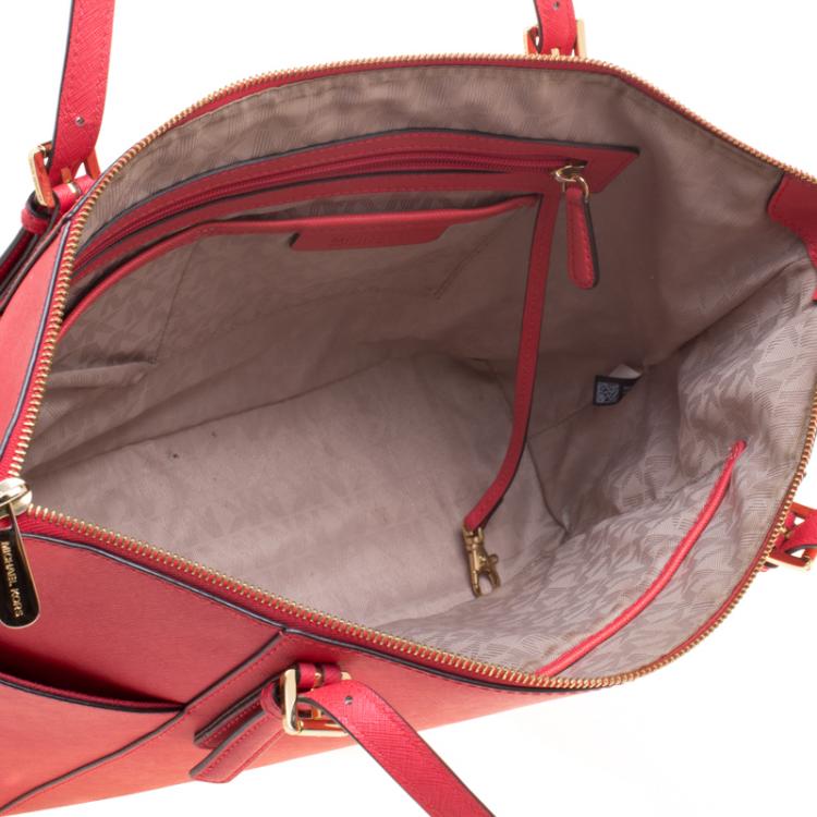 Pre Owned Michael Kors Red Saffiano Leather Large Top Zip Jet Set Tote