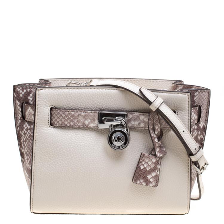 Pre Owned Michael Kors White/Grey Leather and Python Embossed Hamilton Messenger Bag