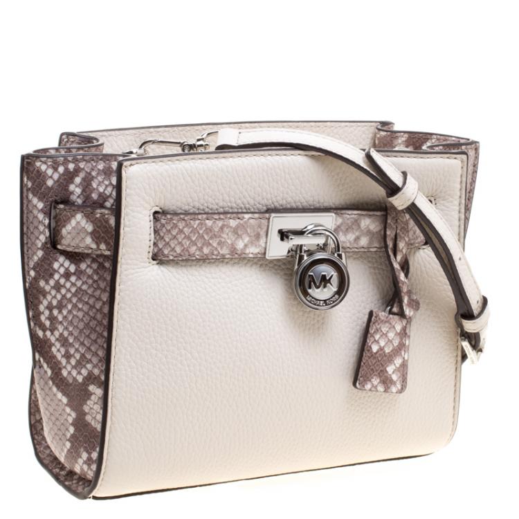 Pre Owned Michael Kors White/Grey Leather and Python Embossed Hamilton Messenger Bag