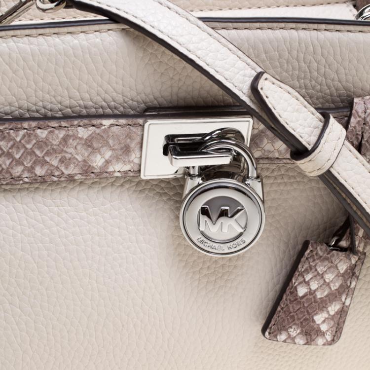 Pre Owned Michael Kors White/Grey Leather and Python Embossed Hamilton Messenger Bag