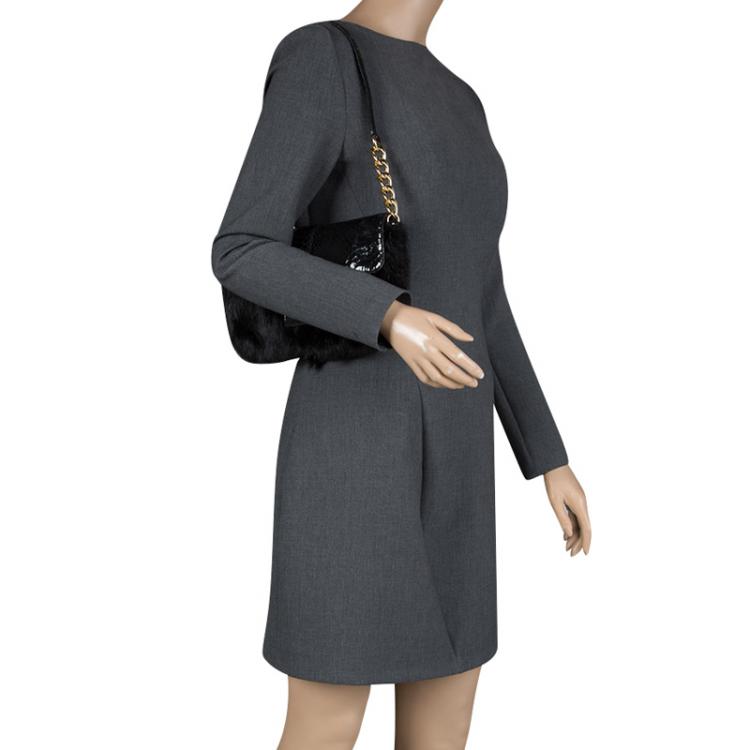Pre Owned Michael Kors Black Fur and Python Embossed Leather Shoulder Bag