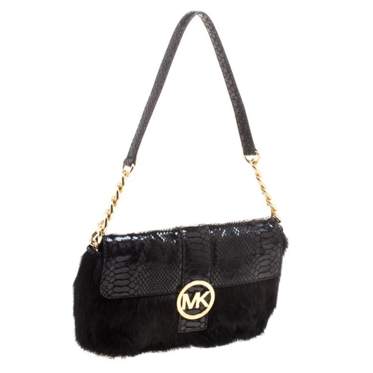 Pre Owned Michael Kors Black Fur and Python Embossed Leather Shoulder Bag