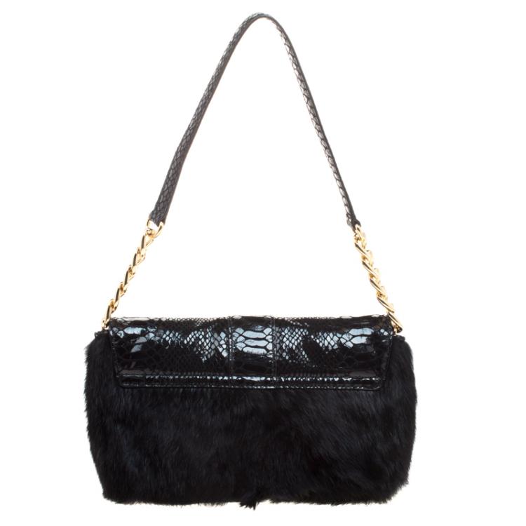 Pre Owned Michael Kors Black Fur and Python Embossed Leather Shoulder Bag