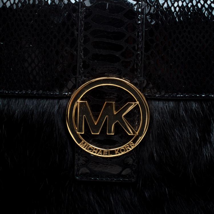 Pre Owned Michael Kors Black Fur and Python Embossed Leather Shoulder Bag