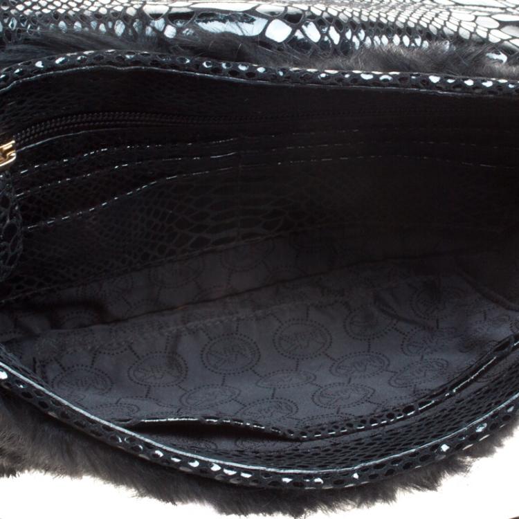 Pre Owned Michael Kors Black Fur and Python Embossed Leather Shoulder Bag
