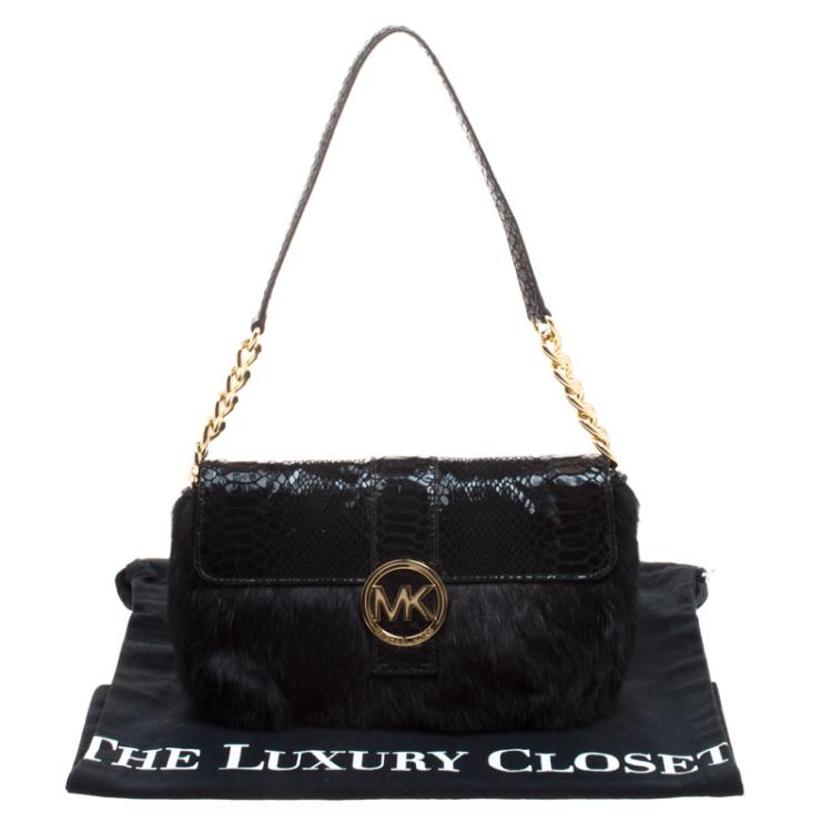 Pre Owned Michael Kors Black Fur and Python Embossed Leather Shoulder Bag