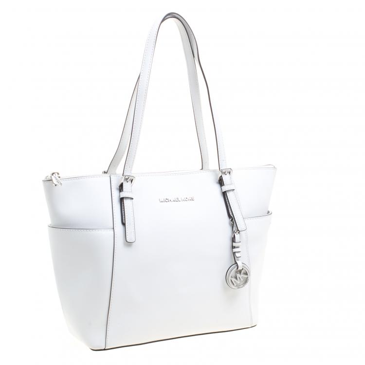 Pre Owned Michael Kors White Saffiano Leather Top Zip Jet Set Tote