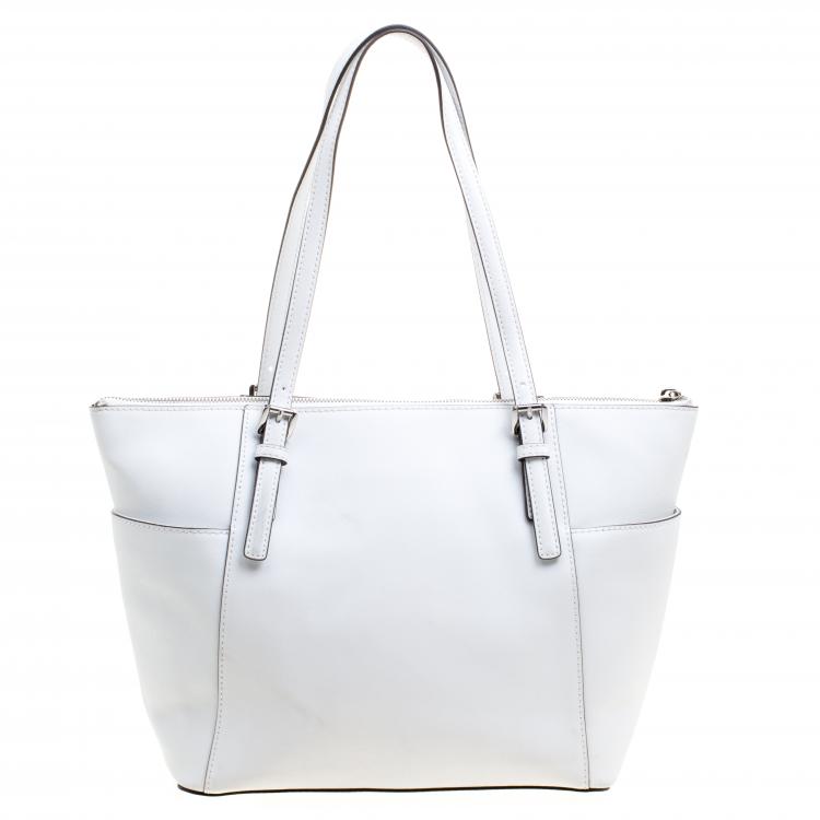 Pre Owned Michael Kors White Saffiano Leather Top Zip Jet Set Tote