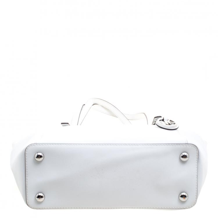 Pre Owned Michael Kors White Saffiano Leather Top Zip Jet Set Tote