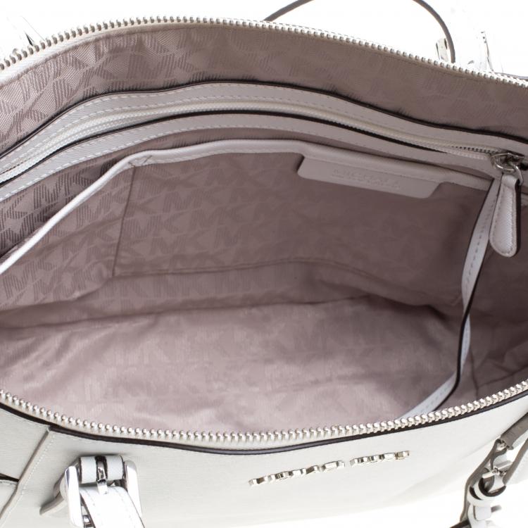 Pre Owned Michael Kors White Saffiano Leather Top Zip Jet Set Tote