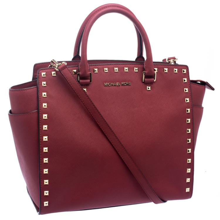 Pre Owned Michael Kors Red Leather Medium Selma Studded Tote