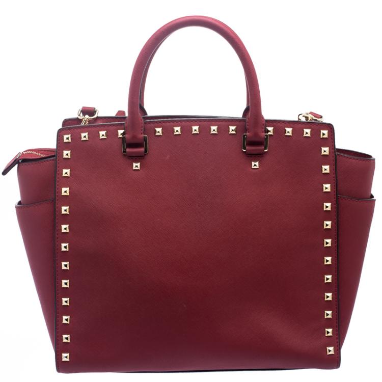 Pre Owned Michael Kors Red Leather Medium Selma Studded Tote