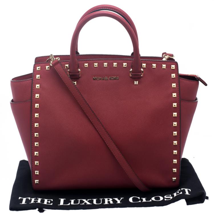 Pre Owned Michael Kors Red Leather Medium Selma Studded Tote