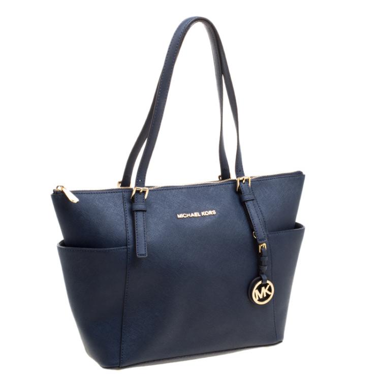 Pre Owned Michael Kors Navy Blue Saffiano Leather Top-zip Jet Set Tote