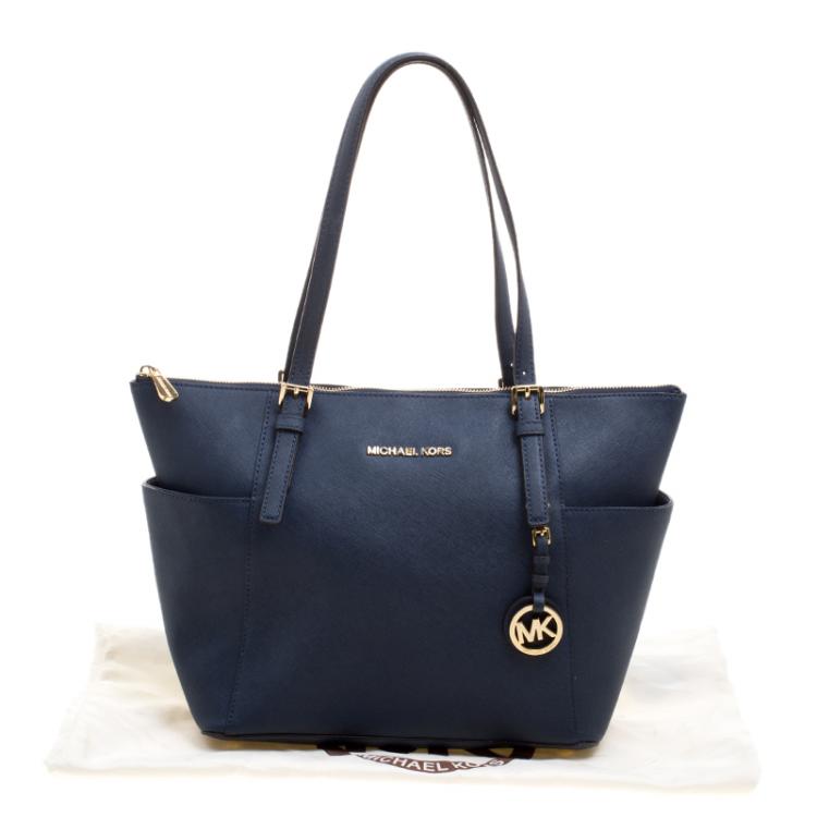 Pre Owned Michael Kors Navy Blue Saffiano Leather Top-zip Jet Set Tote