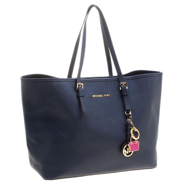Pre Owned Michael Kors Navy Blue Leather Jetset Tote