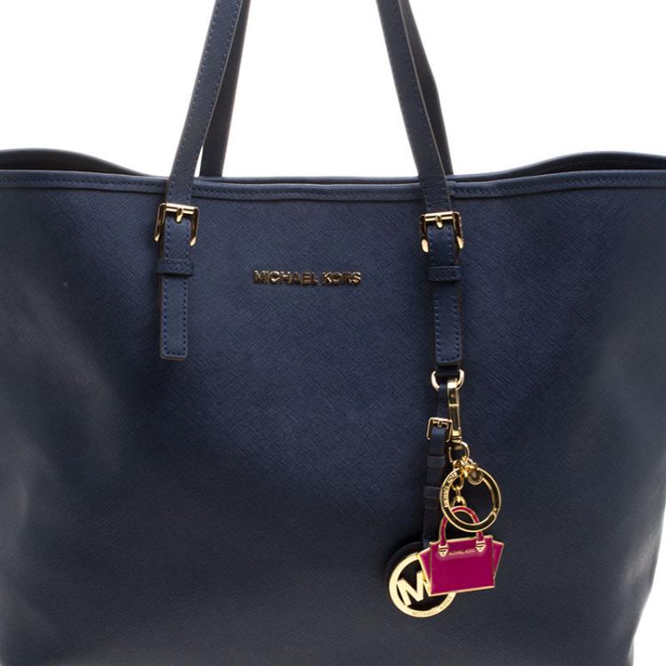 Pre Owned Michael Kors Navy Blue Leather Jetset Tote