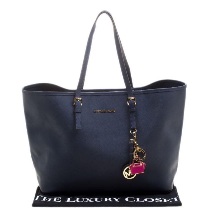 Pre Owned Michael Kors Navy Blue Leather Jetset Tote