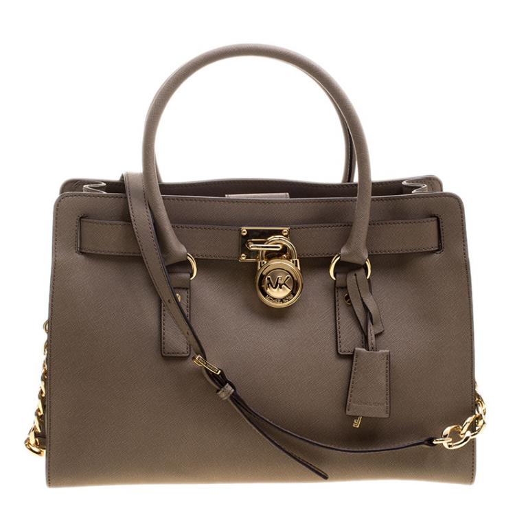Pre Owned Michael Kors Brown Leather East West Hamilton Tote
