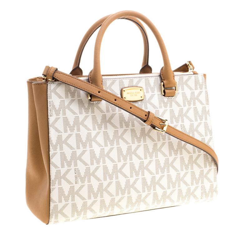 Pre Owned Michael Kors Off White/Brown Signature Coated Canvas Kellen Top Handle Bag