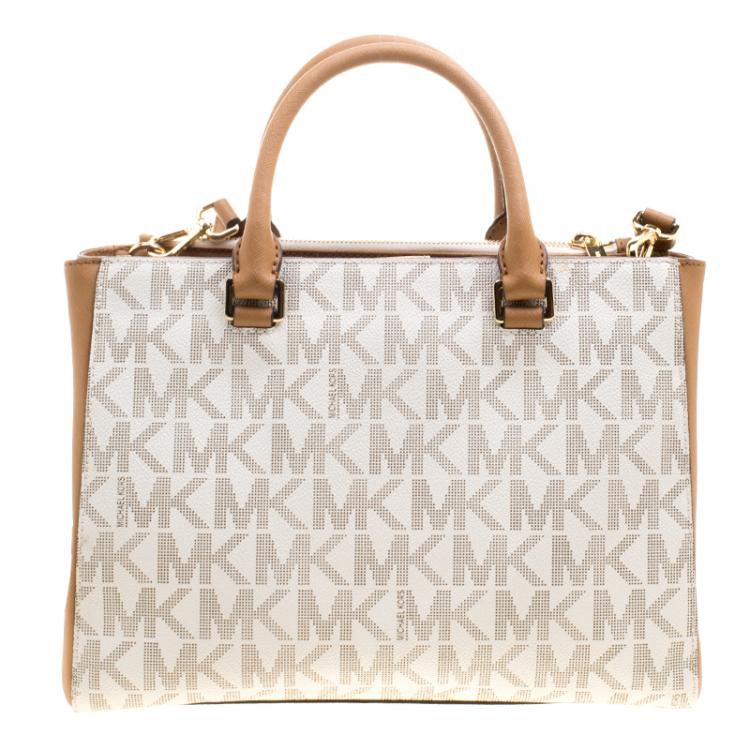 Pre Owned Michael Kors Off White/Brown Signature Coated Canvas Kellen Top Handle Bag