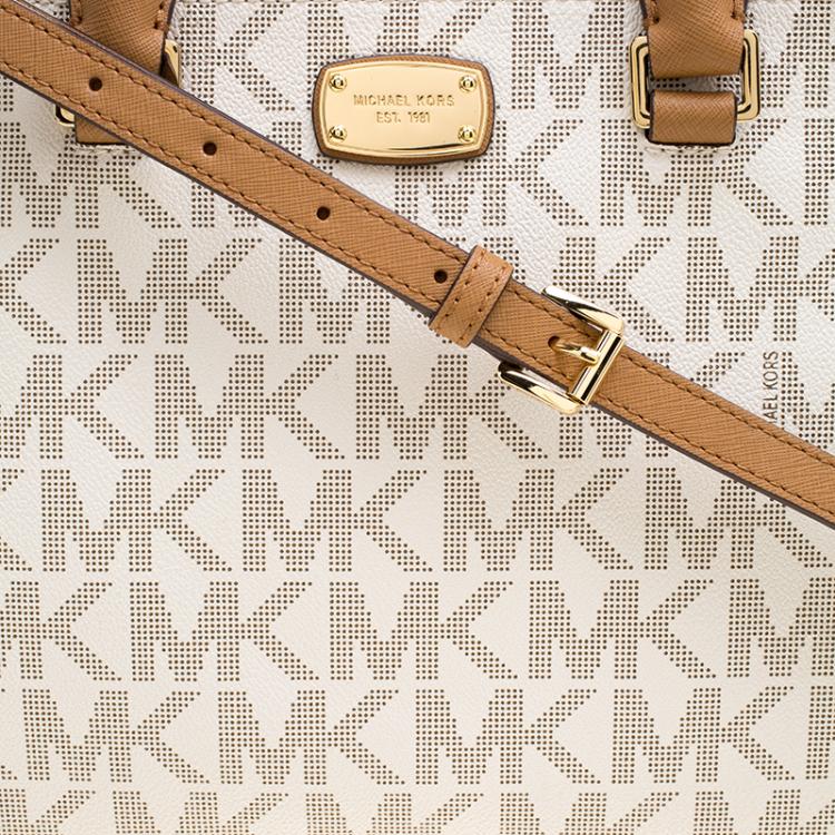 Pre Owned Michael Kors Off White/Brown Signature Coated Canvas Kellen Top Handle Bag