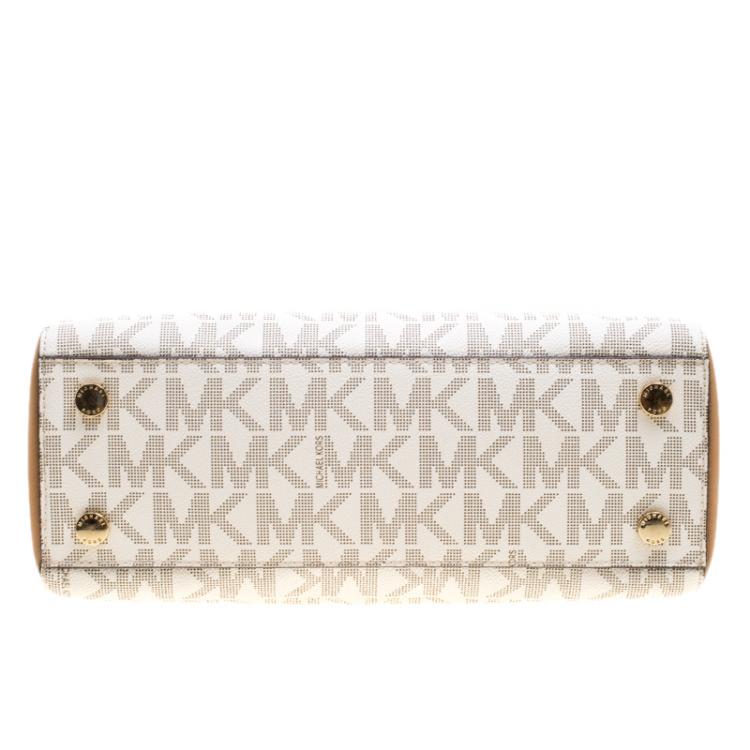 Pre Owned Michael Kors Off White/Brown Signature Coated Canvas Kellen Top Handle Bag