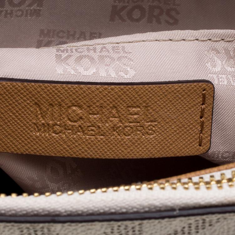 Pre Owned Michael Kors Off White/Brown Signature Coated Canvas Kellen Top Handle Bag