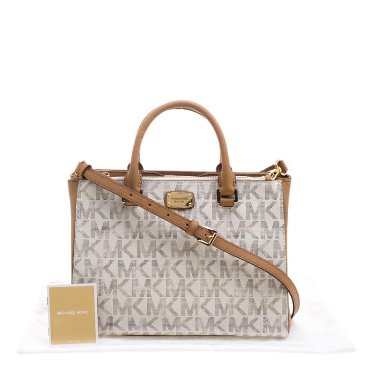 Pre Owned Michael Kors Off White/Brown Signature Coated Canvas Kellen Top Handle Bag