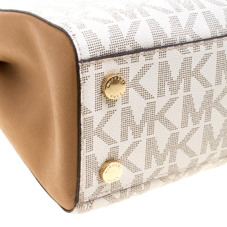 Pre Owned Michael Kors Off White/Brown Signature Coated Canvas Kellen Top Handle Bag