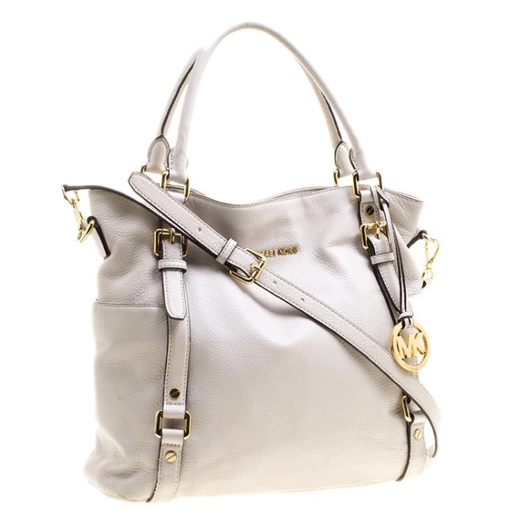 Pre Owned Michael Kors Off White Leather Buckle Strap Convertible Tote
