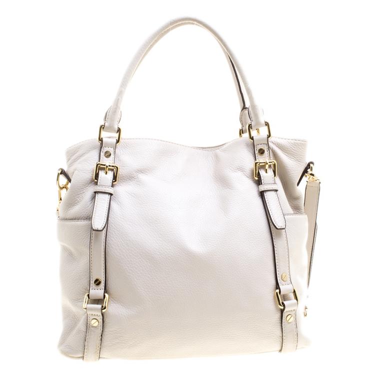 Pre Owned Michael Kors Off White Leather Buckle Strap Convertible Tote
