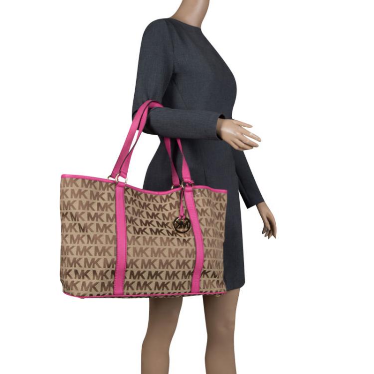 Pre Owned Michael Kors Brown/Pink Canvas and Leather XL SummerTote