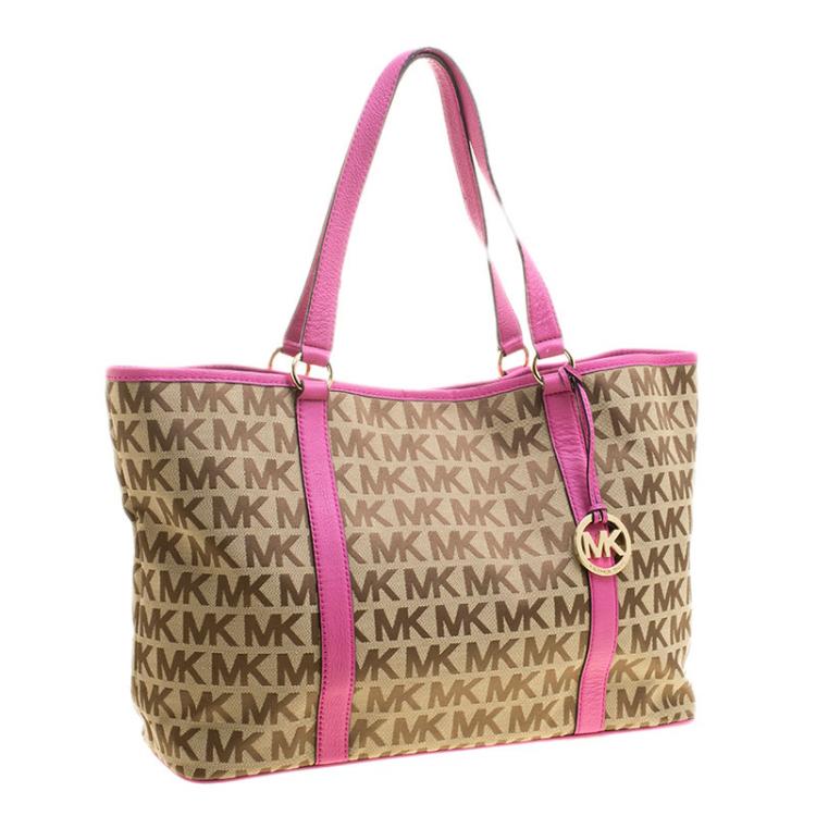 Pre Owned Michael Kors Brown/Pink Canvas and Leather XL SummerTote