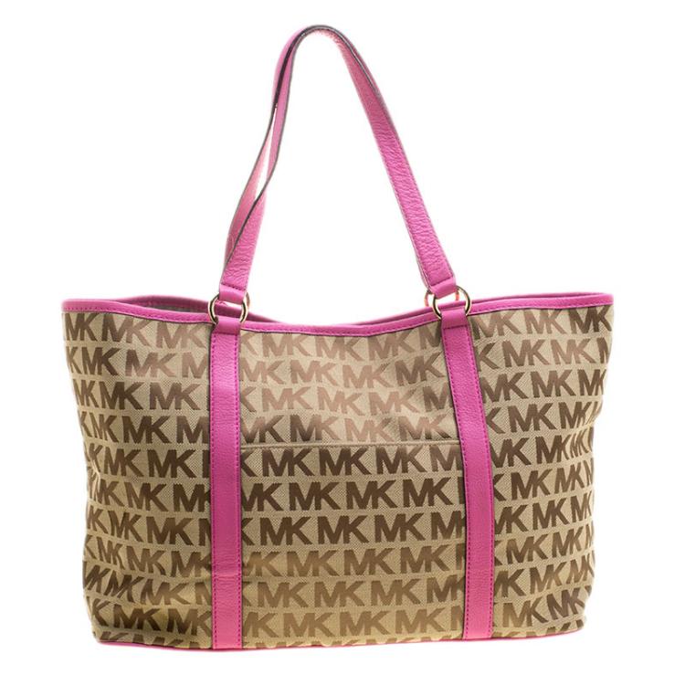 Pre Owned Michael Kors Brown/Pink Canvas and Leather XL SummerTote