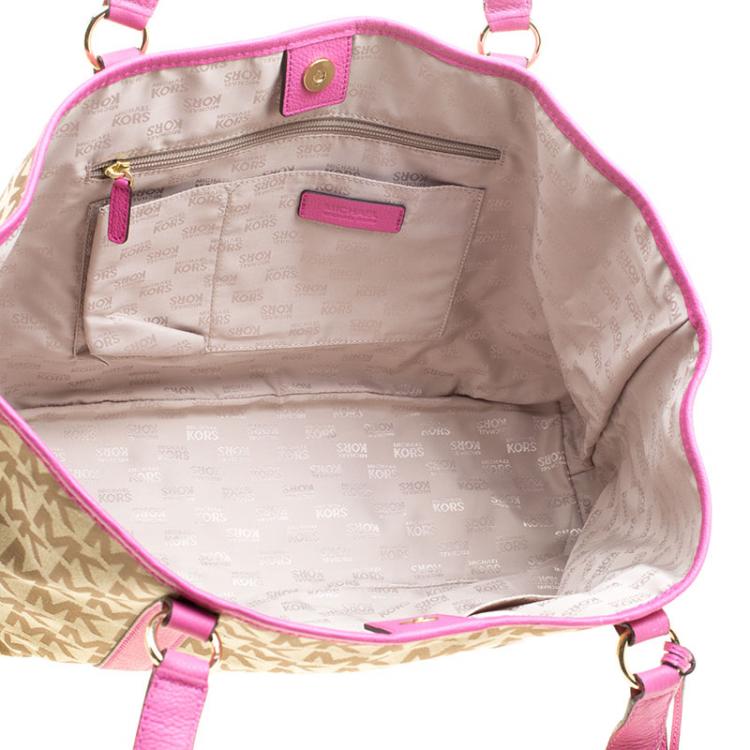Pre Owned Michael Kors Brown/Pink Canvas and Leather XL SummerTote