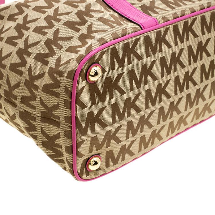 Pre Owned Michael Kors Brown/Pink Canvas and Leather XL SummerTote