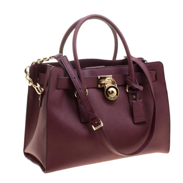 Pre Owned Michael Kors Burgundy Leather East West Hamilton Tote