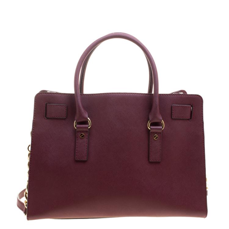 Pre Owned Michael Kors Burgundy Leather East West Hamilton Tote