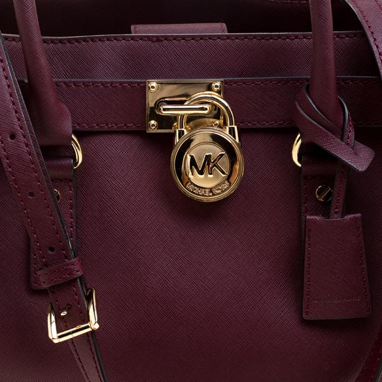 Pre Owned Michael Kors Burgundy Leather East West Hamilton Tote