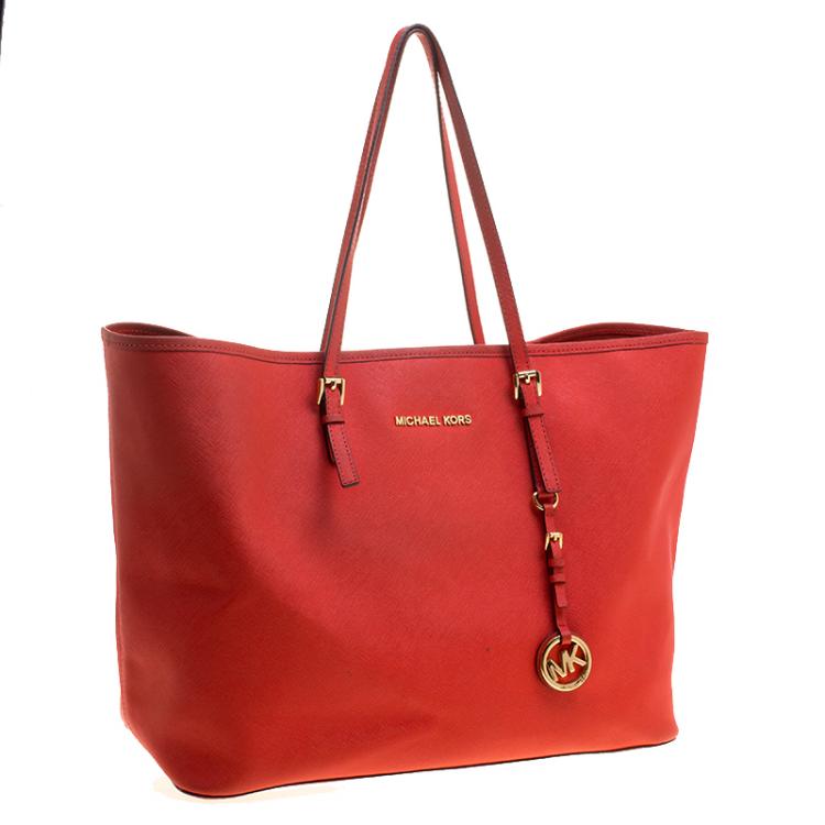 Pre Owned Michael Kors Red Saffiano Leather Jetset Tote