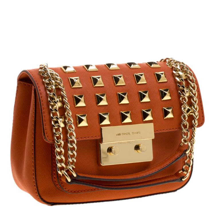 Pre Owned Michael Kors Orange Leather Sloan Studded Shoulder Bag
