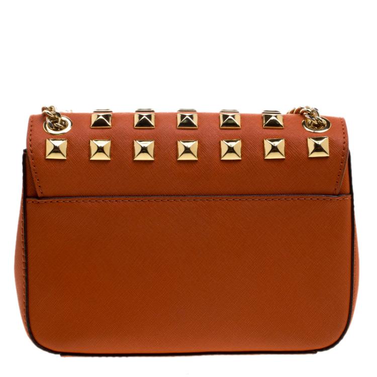 Pre Owned Michael Kors Orange Leather Sloan Studded Shoulder Bag