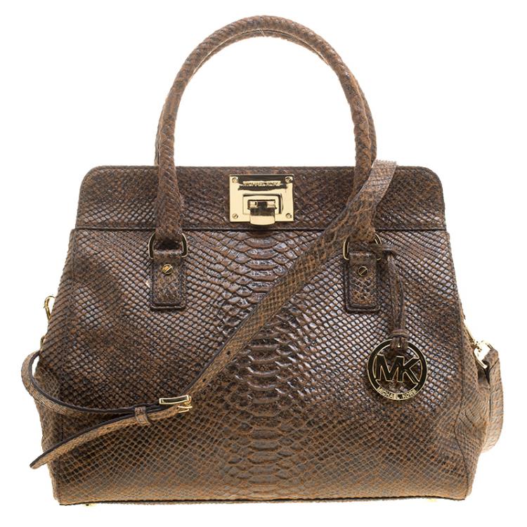 Pre Owned Michael Kors Brown Python Embossed Leather Tote