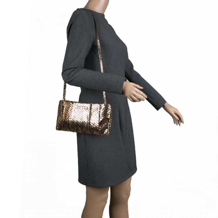 Pre Owned Michael Kors Metallic Gold Snake Embossed Suede Shoulder Bag