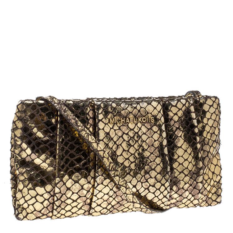 Pre Owned Michael Kors Metallic Gold Snake Embossed Suede Shoulder Bag